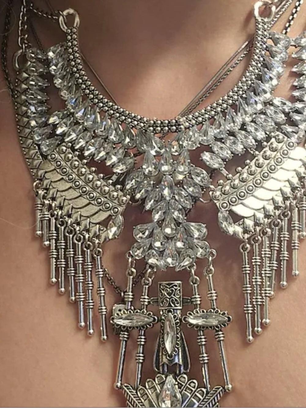 Silver Statement Bib Necklace Fringe Rhinestone Boho Festival Layered Jewelry